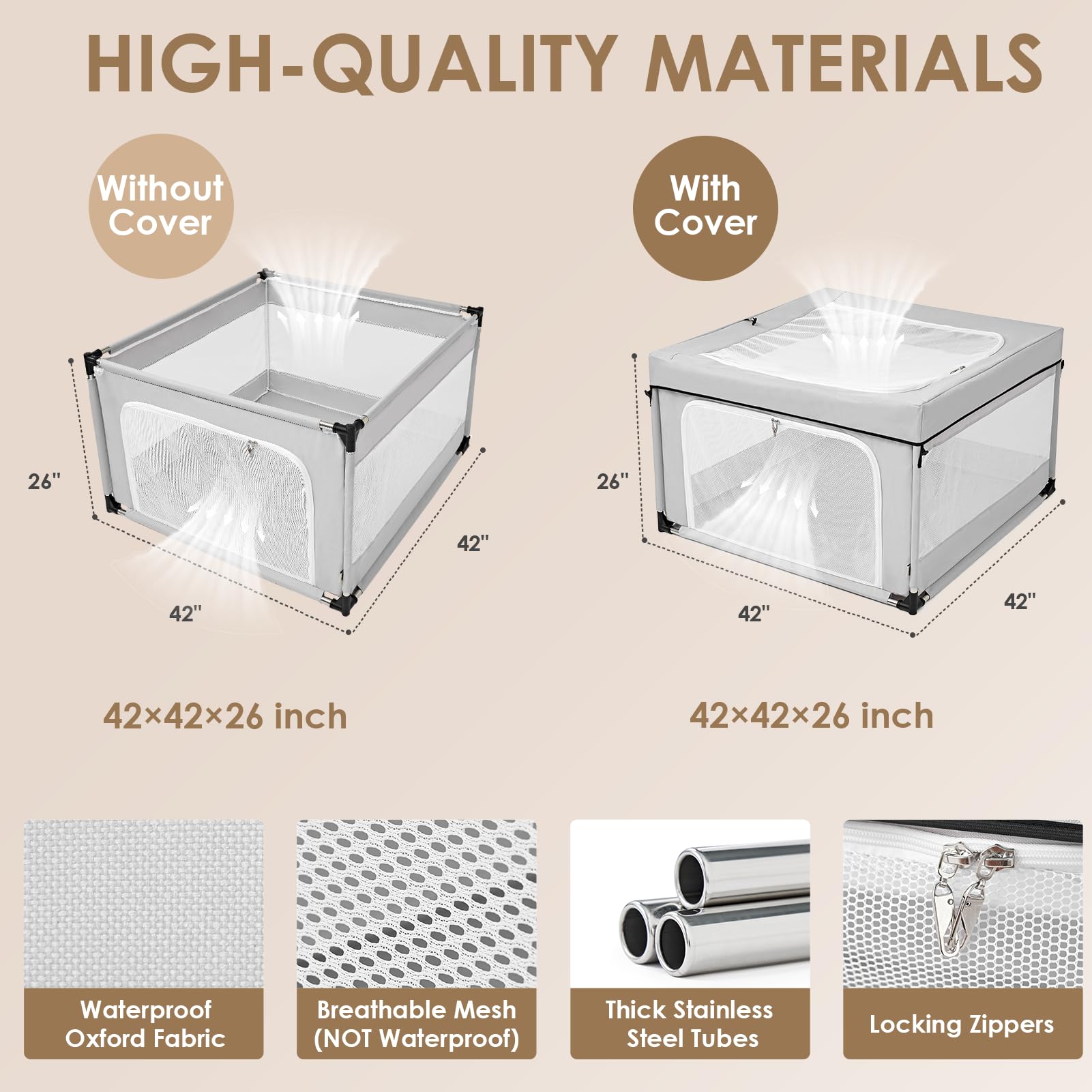 EHEYCIGA 42x42x26 Dog Playpen with Top Cover for Dogs & Cats, Sliver Grey