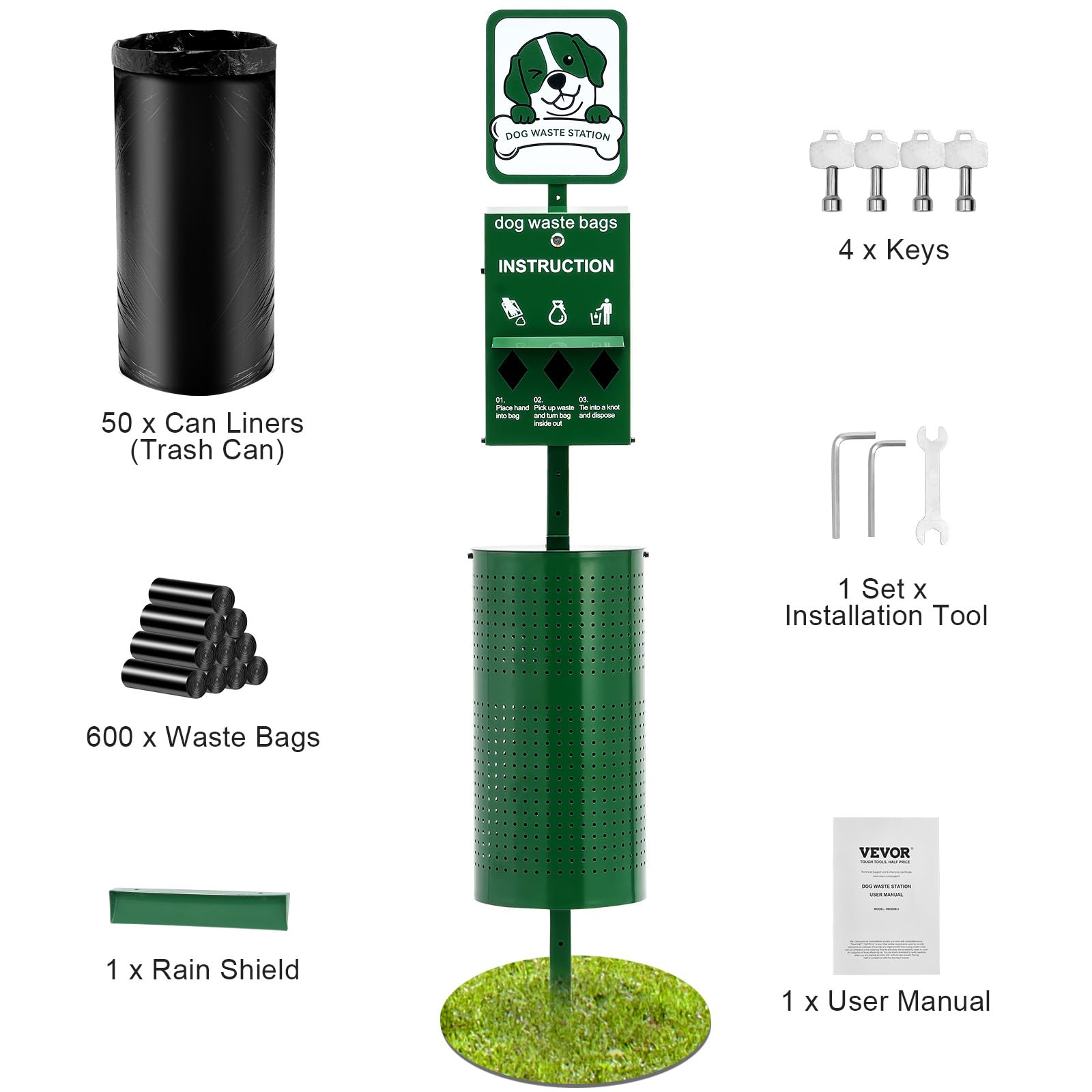VEVOR Dog Waste Station, 11.5 Gallon Pet Waste Station with Lockable Bag Dispenser, 50 Can Liners & 600 Waste Bags, Outdoor Pet Poop Station for Apartments, Parks, Backyard, Dog Waste Disposal System