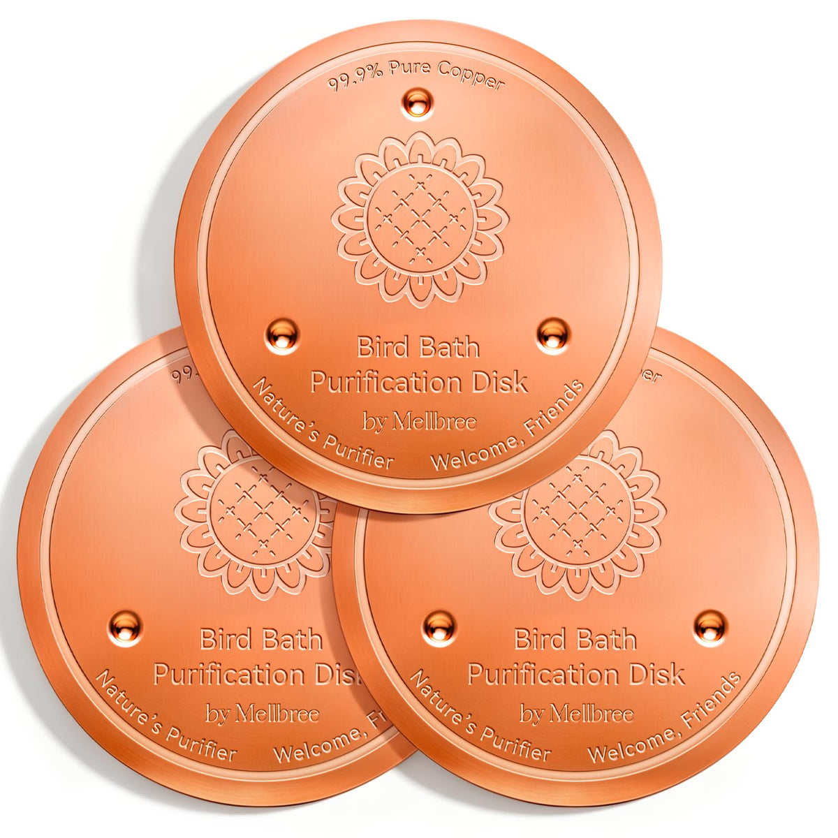 Mellbree 4-Pack Bird Bath Copper Disc, 0.6mm Reinforced 99.99% Pure Copper Cleaning Disk with Triple-Point Support for Physical Safe Clean Water All-Season (Sunflower)