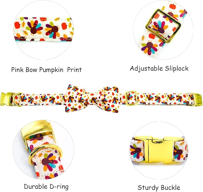 Bobo Rainbow Thanksgiving Dog Collar, Turkey Dogs Collars Bow Tie Pet Collar Adjustable Pet Collars Premium Metal Buckle Autumn Leaf Necklace for Large Dogs