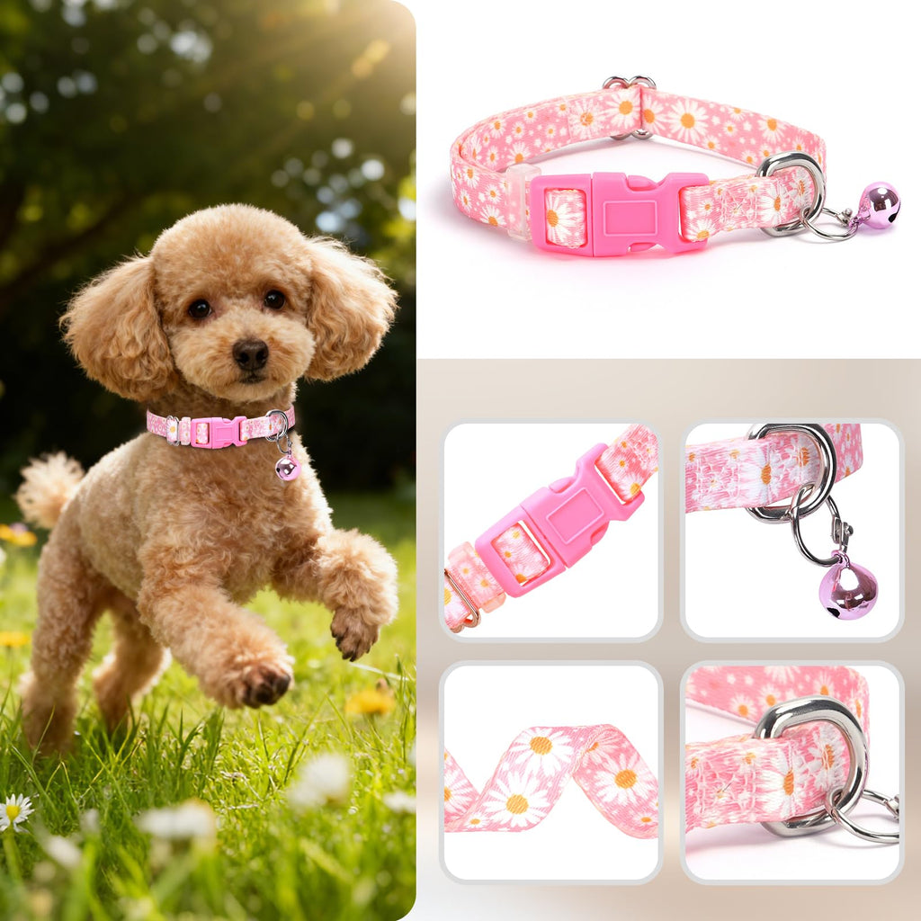 Pink Daisy Dog Collar with Bell,XS XXS Kitten Collars Girls with Buckle