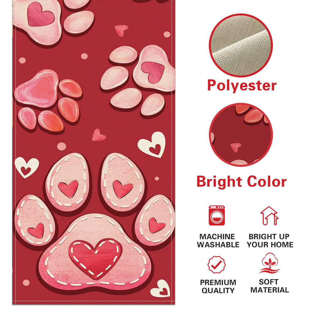 Croar Valentines Day Dog Cat Paw Prints Table Runner, Red Love Hearts