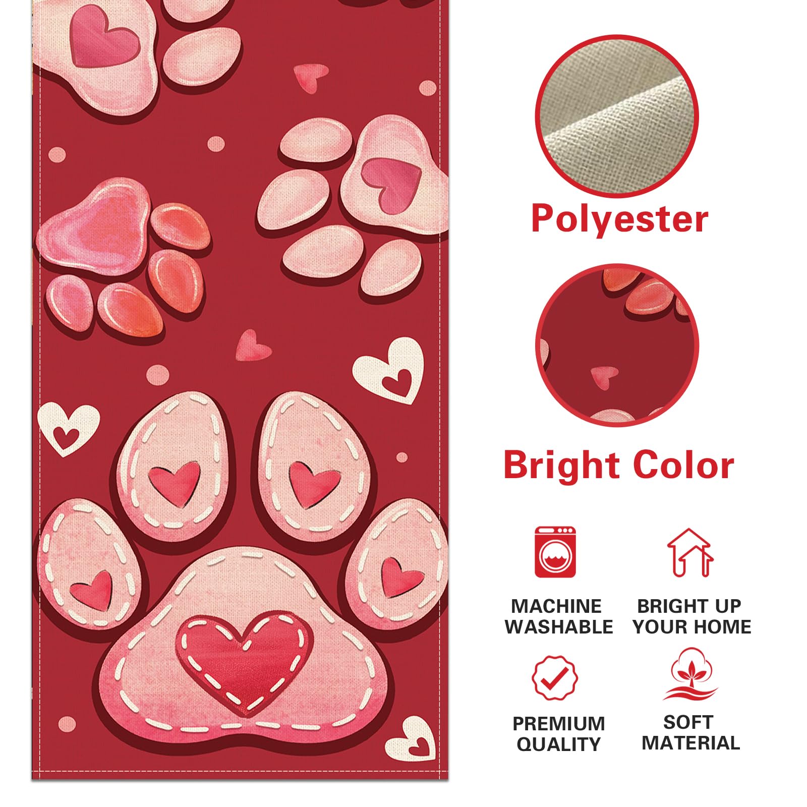 Croar Valentines Day Dog Cat Paw Prints Table Runner, Red Love Hearts
