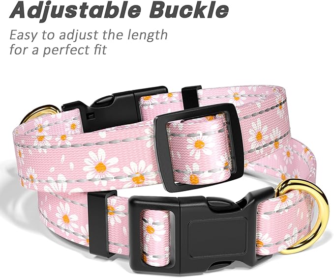 TMOODEL Reflective Dog Collar for Medium Dogs, Cute Daisy Theme Adjustable Heavy-Duty Nylon Puppy Collar for Boy and Girl Female, Soft Pet Accessories with Quick Release Buckle, Neck 14-20", Pink