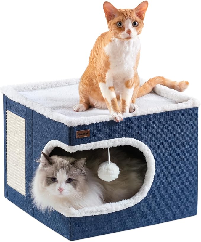 Garnpet Cat Bed for Indoor Cats Cube House, Covered Cat Cave Beds & Furniture with Scratch Pad and Hideaway Tent, Cute Modern Cat Condo for Multi Small Pet Large Kitten Kitty, Navy