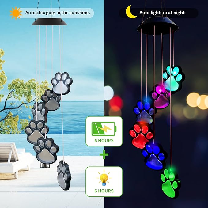 Paw Print Solar Wind Chimes, Color Changing Paw Prints Solar Lights Outdoor