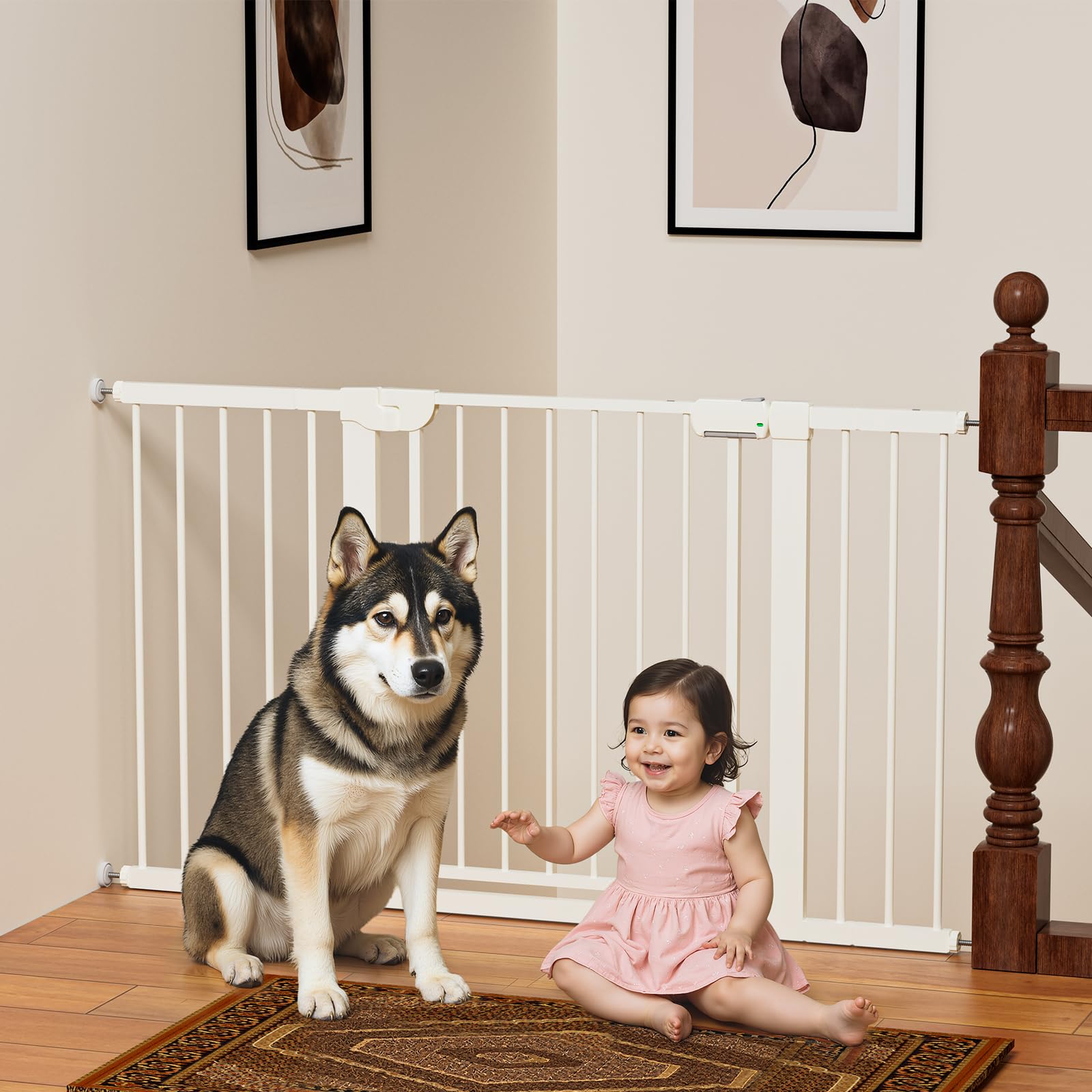 MUTAK 29.5-54.2" Magnetic Baby Gate for Stairs, Baby Safety Essentials, Auto Close Gate for Doorways, Easy Install Pressure Mounted Dog Gate Indoor, Pet Gates for Dogs, White