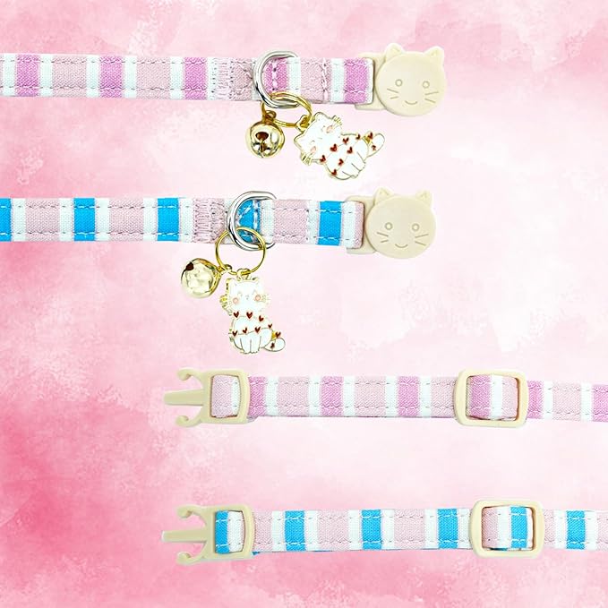Elegant little tail 2 Pack Cat Collar-Pink Strip Cotton Breakaway Cat Collars with Bell Pendant Kitten for Girl Safety Adjustable Collar for Small Cats Puppy