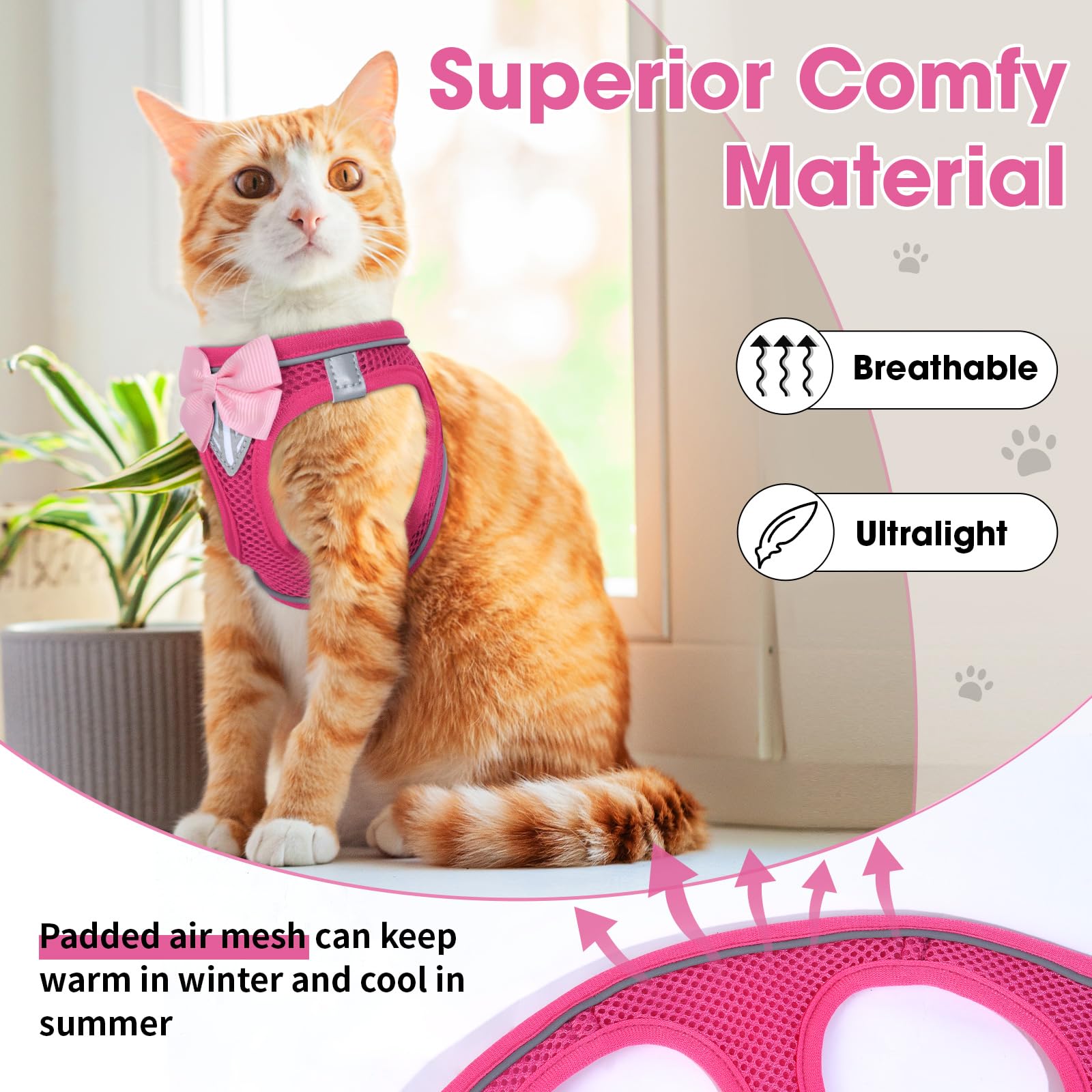 NCMAMA Cat Vest Harness and Leash Set, Escape Proof Kitten Harness Pink XS