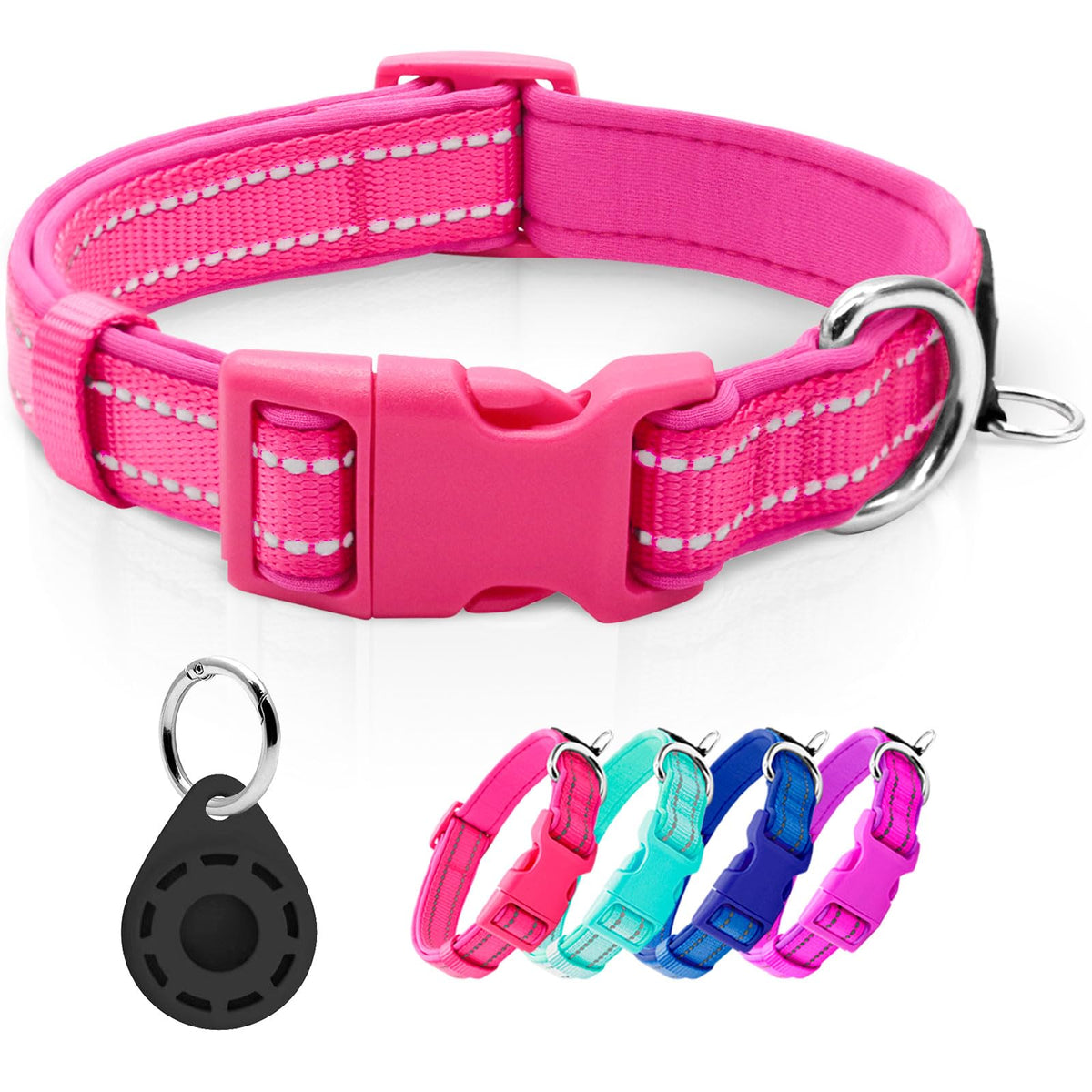 azuza Reflective Dog Collar, Neoprene Padded Puppy Collar, Hot Pink, XS