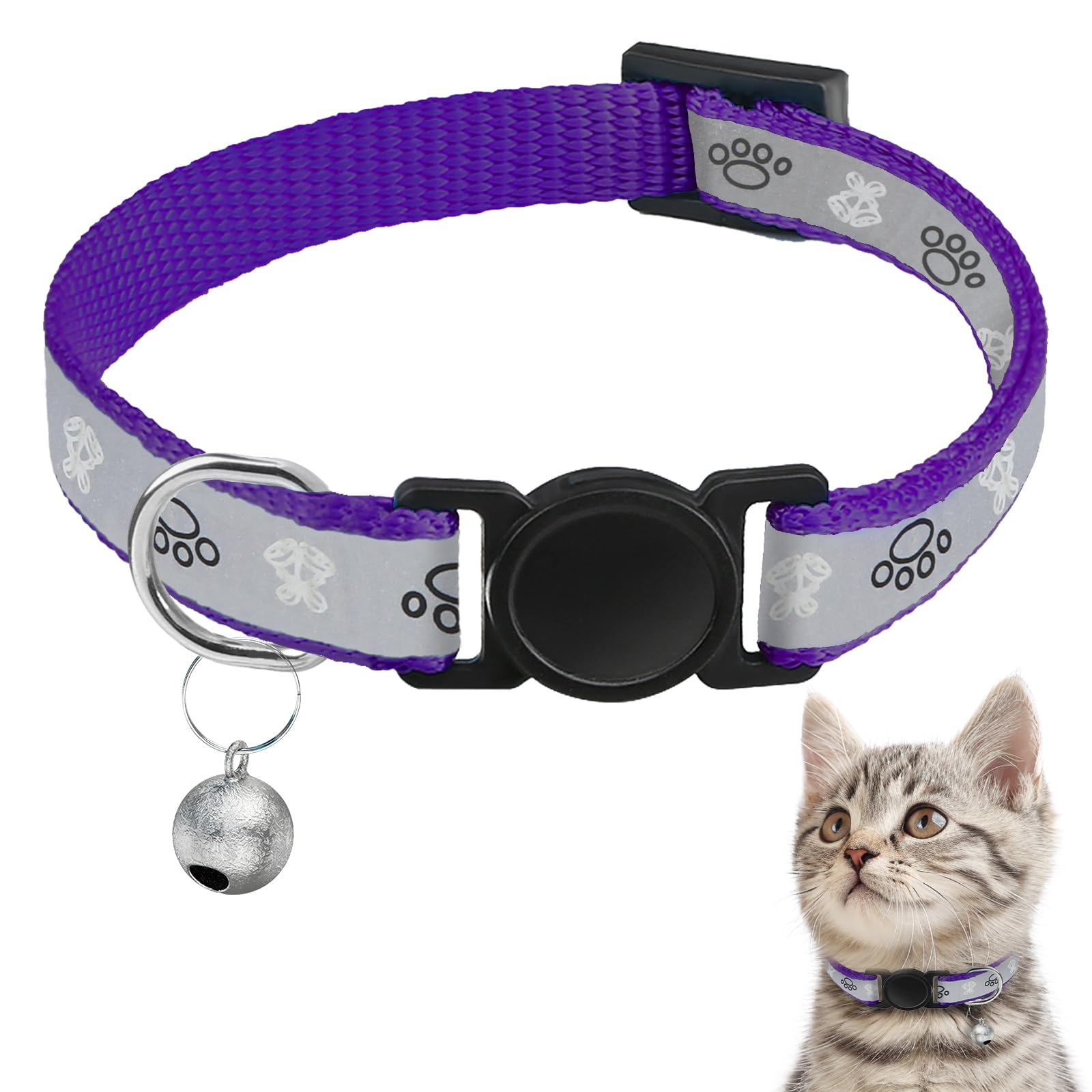 Cat Collar Breakaway, Reflective Kitten Collar with Bell, Purple