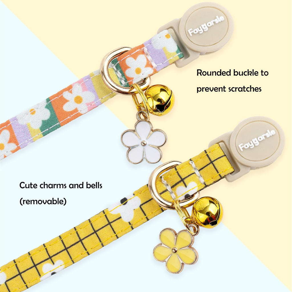 Faygarsle 2 Pack Striped Plaid Floral Pattern Cat Collars Breakaway Safety Collar with Bell Spring Summer Design for Girl Cats,Yellow Multicolor