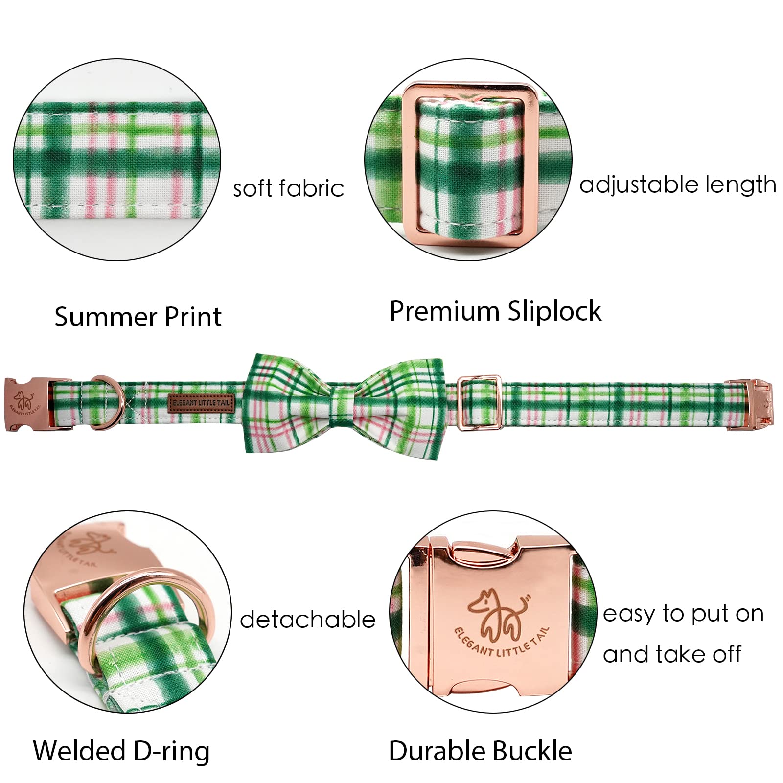 Elegant little tail Dog Collar with Bow - Pink with Green Plaid Boy or Girl Dog Collar Cute Bowtie Pet Collar Adjustable Dog Collar for Large Dogs