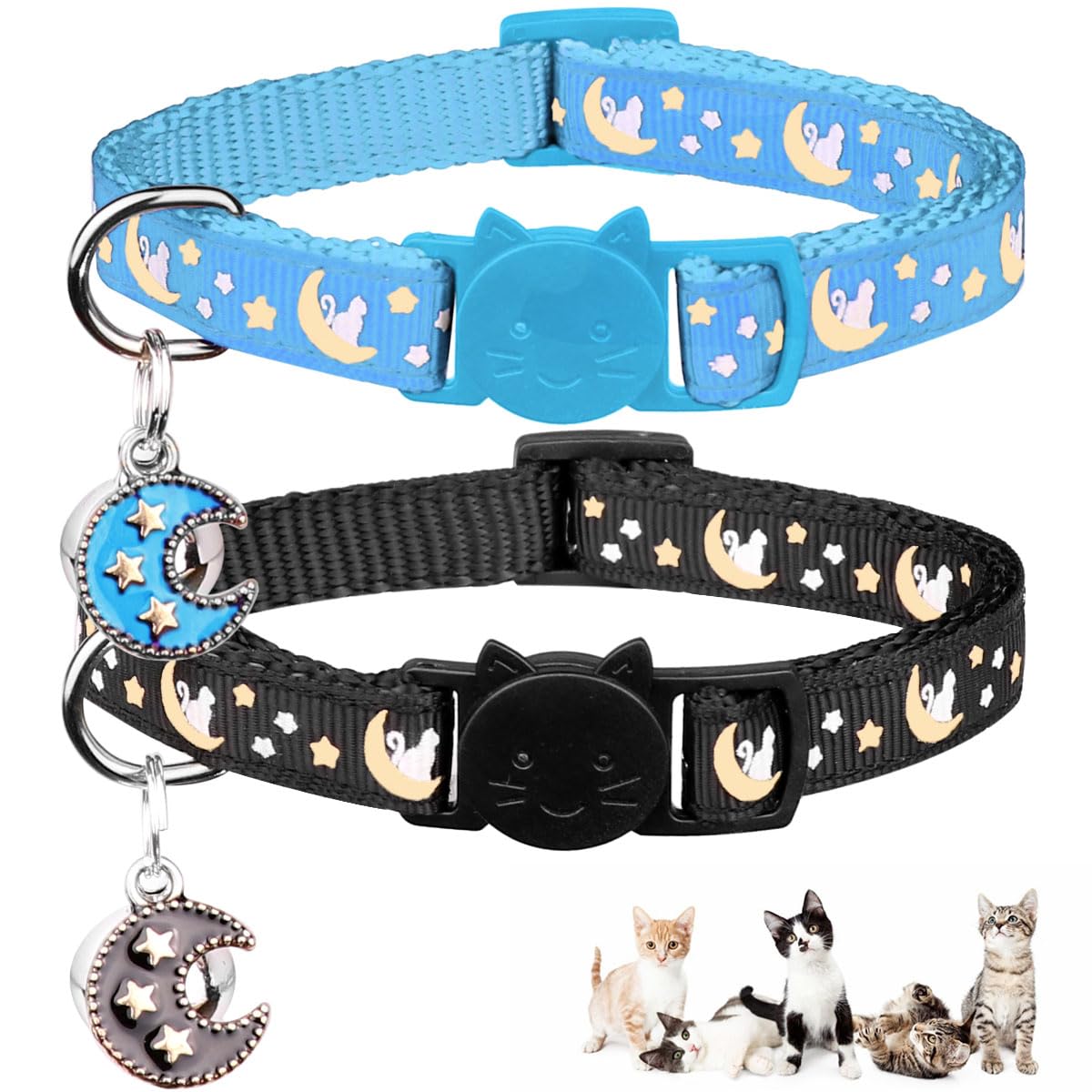 Baeuppit 2Pcs Breakaway Cats Collars Cat Collars for Boy & Girl Cats Adjustable Kitten Collars with Bell,Pink+Teal,8"-13.1"