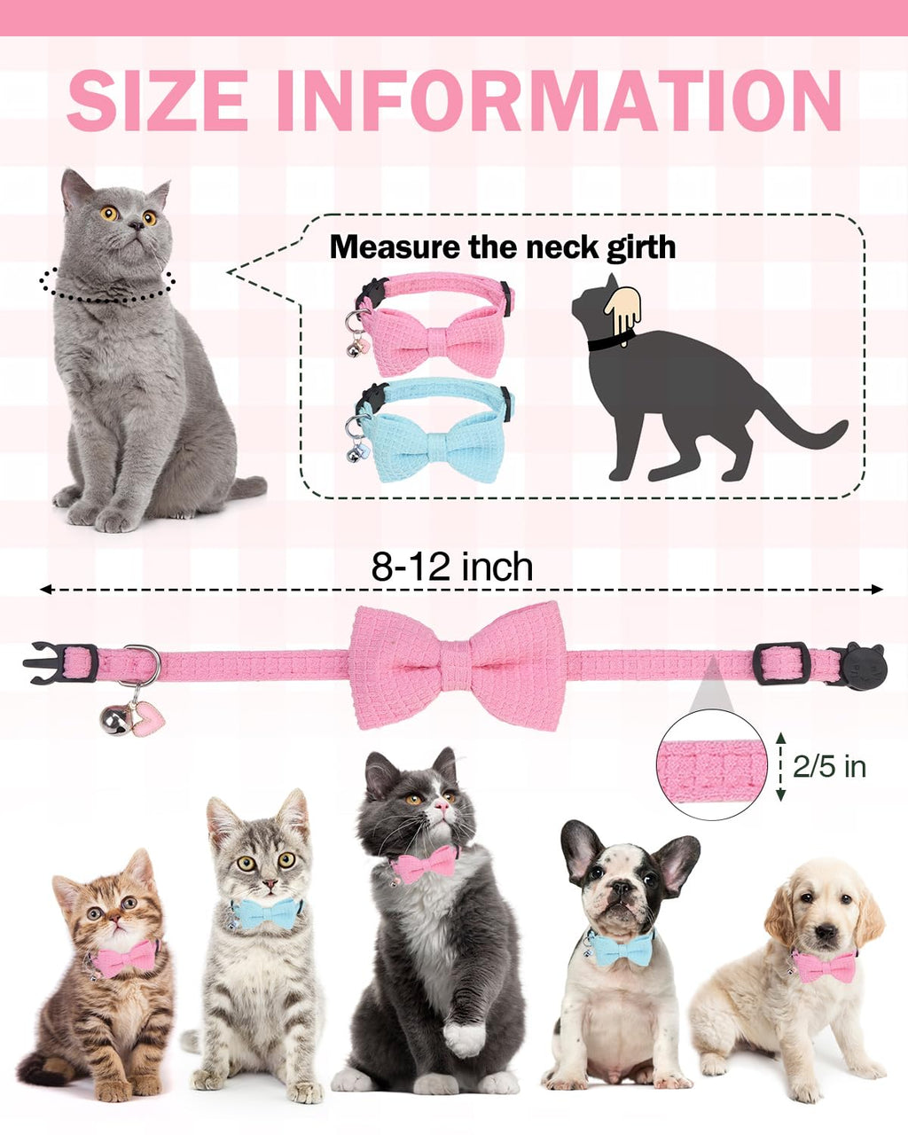 DILLYBUD Cat Collar Breakaway with Bells, Soft Cotton Pink Cat Bowtie Collar for Girl Cats, Small Cats Collar with Bow for Spring Summer, 2 Pack Cute Kitten Collars with Removable Bowtie 8-12Inch