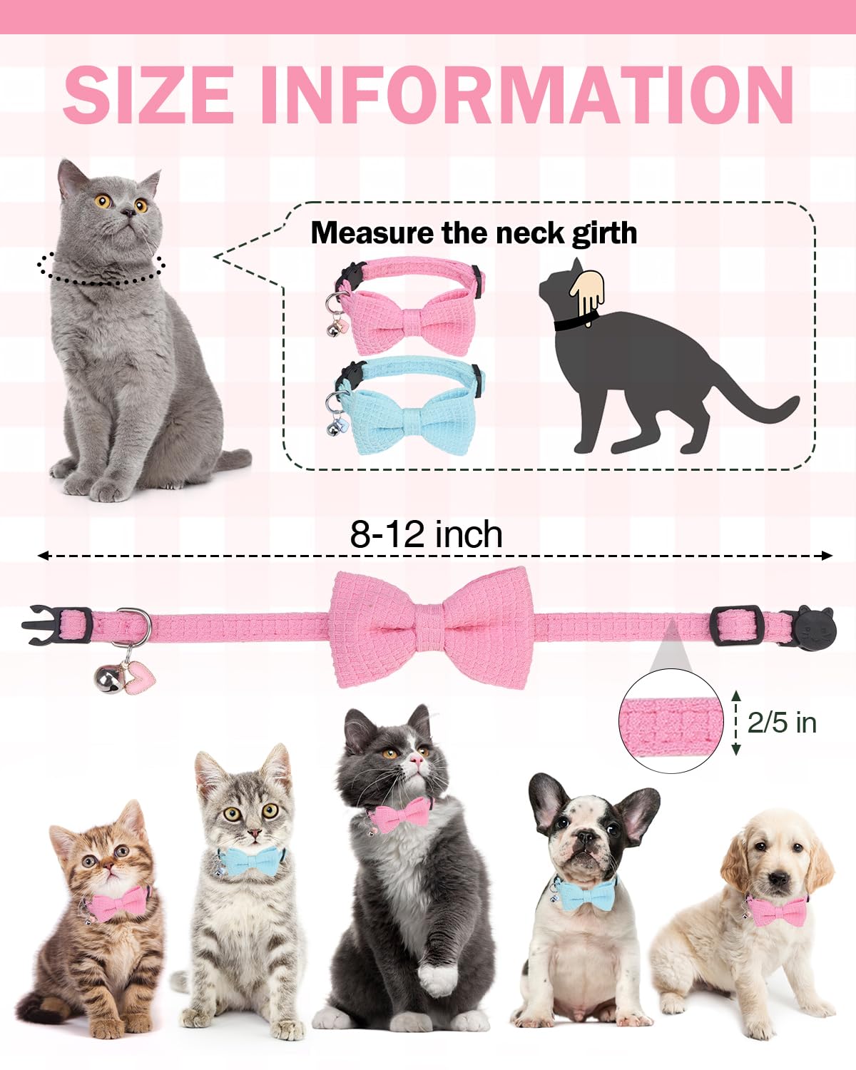 DILLYBUD Cat Collar Breakaway with Bells, Soft Cotton Pink Cat Bowtie Collar for Girl Cats, Small Cats Collar with Bow for Spring Summer, 2 Pack Cute Kitten Collars with Removable Bowtie 8-12Inch