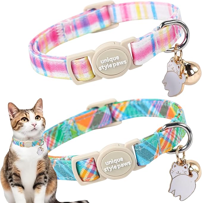 Unique style paws 2 Pack Autumn Halloween Kitten Collar Breakaway with Bell&Pendant, Adjustable Safety Coloeful Orange Brown Grid Cat Cotton Collar for Girl Boy Cat and Small Pet