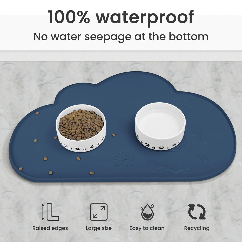 Ptlom Silicone Pet Feeding Mat for Dogs and Cats, High-Lips Pet Placemat Non-Slip Waterproof Bowl Mats Prevent Food and Water Overflow, Puppy Dish Tray Mat Suitable for Small Medium Large Pets, Navy