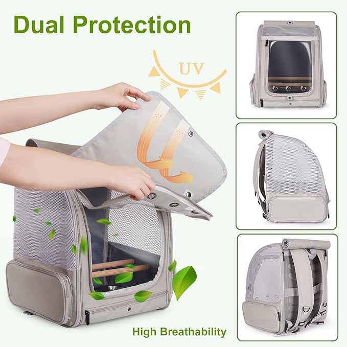 Bird Backpack Carrier with Front Zipper Opening, Portable Bird Travel Carrier Cage with 2 Standing Perches and Metal Tray, Breathable Transport Bag for Parakeet, Budgie, Conure, Cockatiel, Parrot