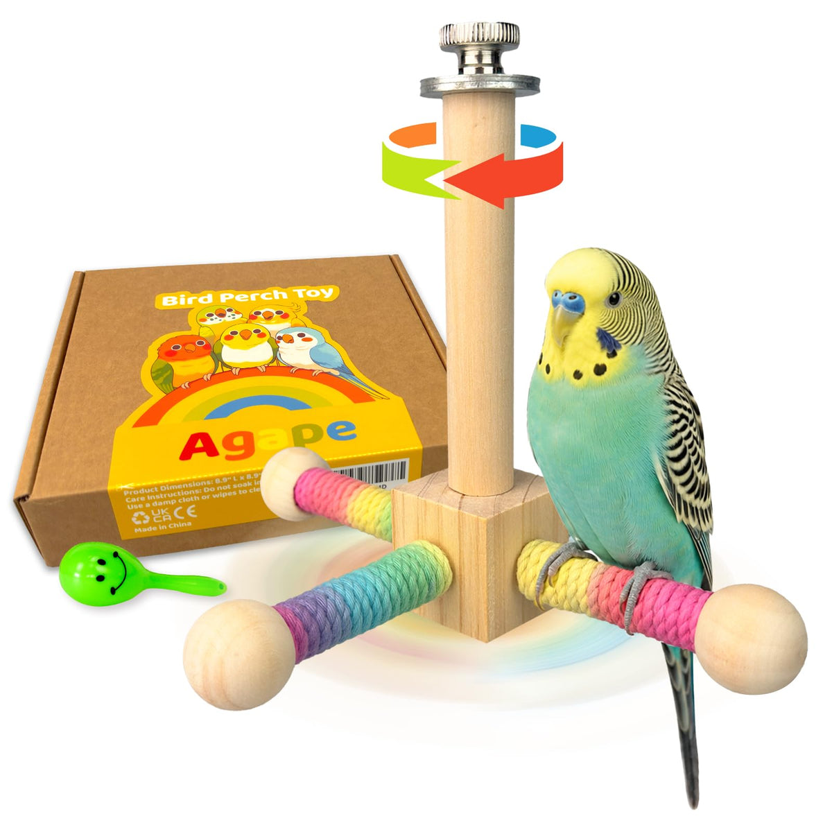 Agape 360° Rotating Bird Perch Stand, Wooden Parrot Exercise Toy