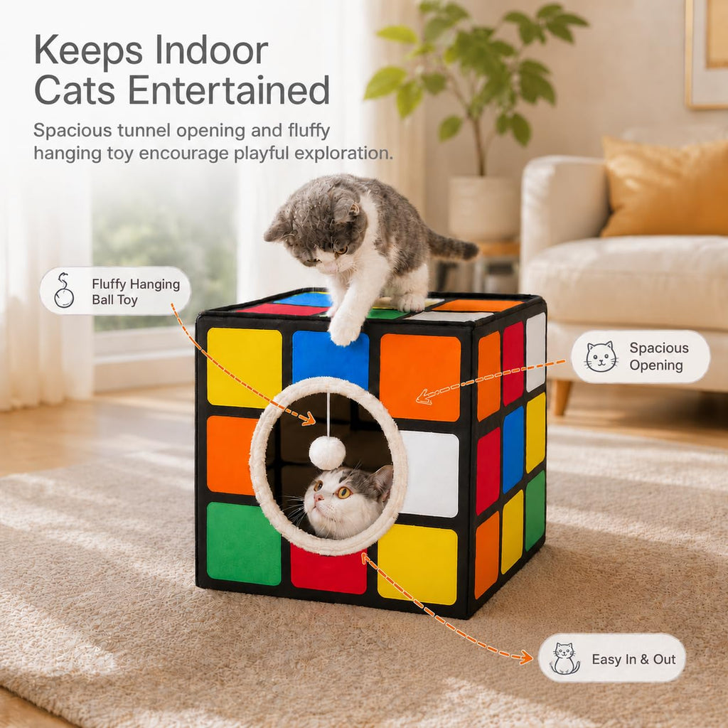 LUCKITTY Cat Condo House with Reversible Cushions and Fluffy Ball Hanging, Foldable Magic Cube, Large Cave Bed for Indoor Cats, Unique Puzzle Shape Lagre 16.5“ x 16.5" x 16.5”