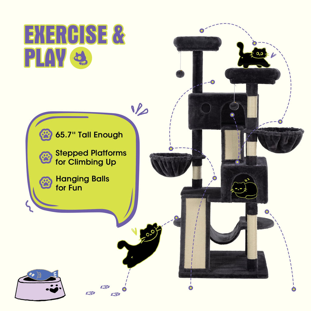 WEEWAY Cat Tree Tower for Indoor Cats,65'' Multi-Level Cat Furniture Activity Center,Stand House Condo Cave,Sisal Scratching Posts Ramps,Plush Perches Platforms Basket Hammock, Dark Grey
