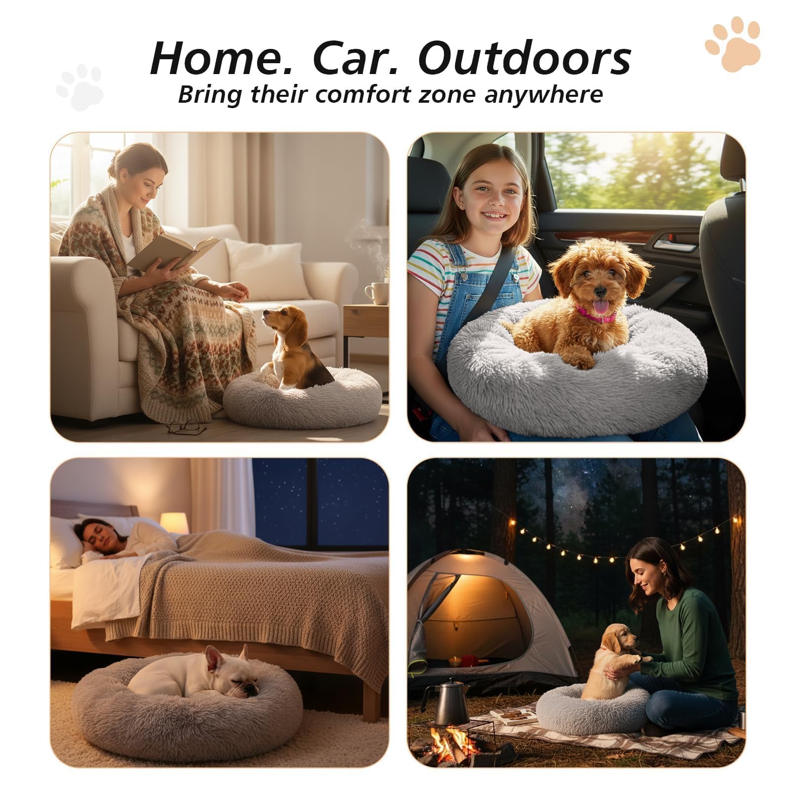 JOLLYVOGUE Calming Dog Beds Large Sized Dog, 36in Donut Washable Large Pet Bed, Anti-Slip & Anti-Anxiety Fluffy Faux Fur Round Dogs Bed, Fits up to 80 lbs Pets (Smoke Grey)