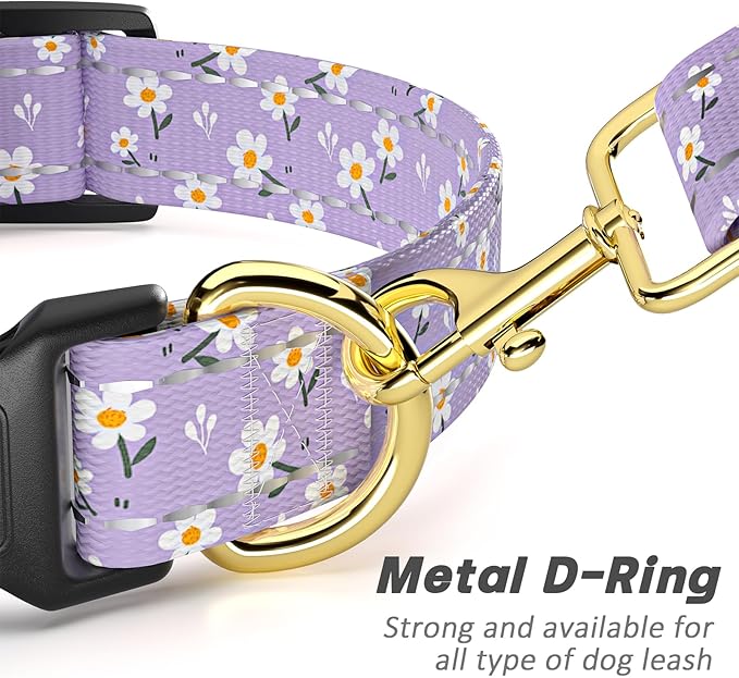 TMOODEL Reflective Dog Collar for Medium Dogs, Cute Flower Theme Adjustable Heavy-Duty Nylon Puppy Collar for Boy and Girl Female, Soft Pet Accessories with Quick Release Buckle, Purple White