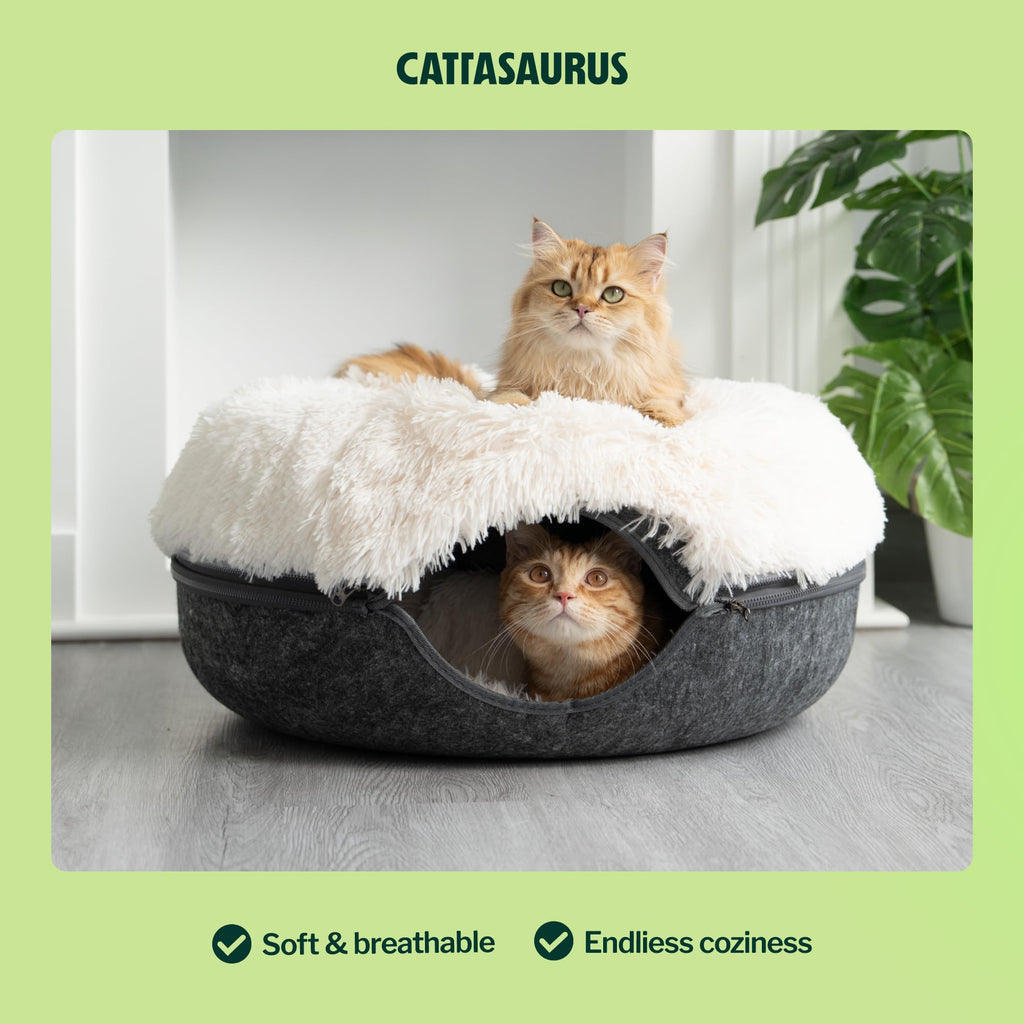 Cattasaurus Peekaboo Cat Cave for Multiple & Large Cats Up to 30-45 Lbs, Fluffy Cat Beds for Indoor Cats, Scratch Detachable & Washable Tunnel Bed, Comfy Donut Cave (Dark Gray, Large (Calming))