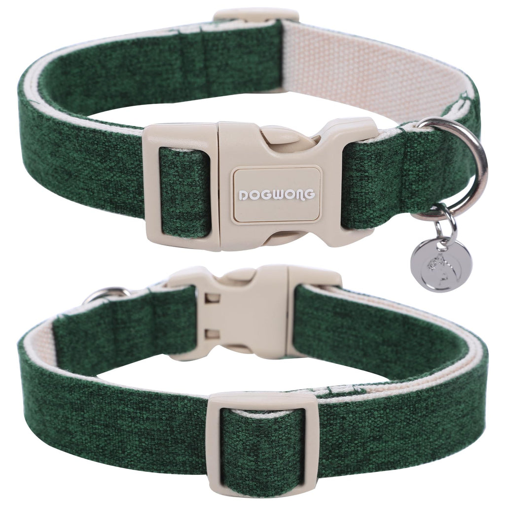 DOGWONG Cotton Hemp Dog Collar, Heavy-Duty Christmas Green Dog Collar Adjustable Soft Natural Fabric Pet Dog Collar Cute Holiday Puppy Necklace for Small Medium Large Dogs