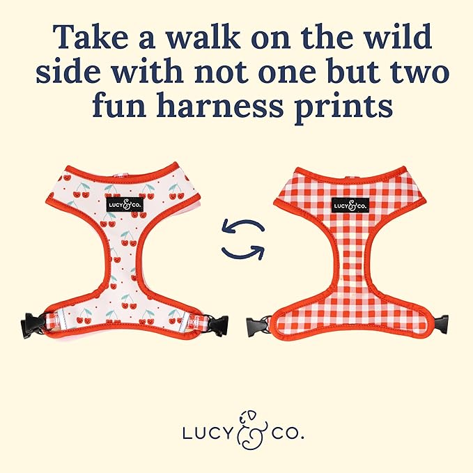 Lucy & Co. Reversible Dog Harness - Water-Repellent Neoprene, Dual-Print Design, Easy Swap Style, Adjustable Comfort Fit - Cheery Cherries Reversible Harness - X-Large