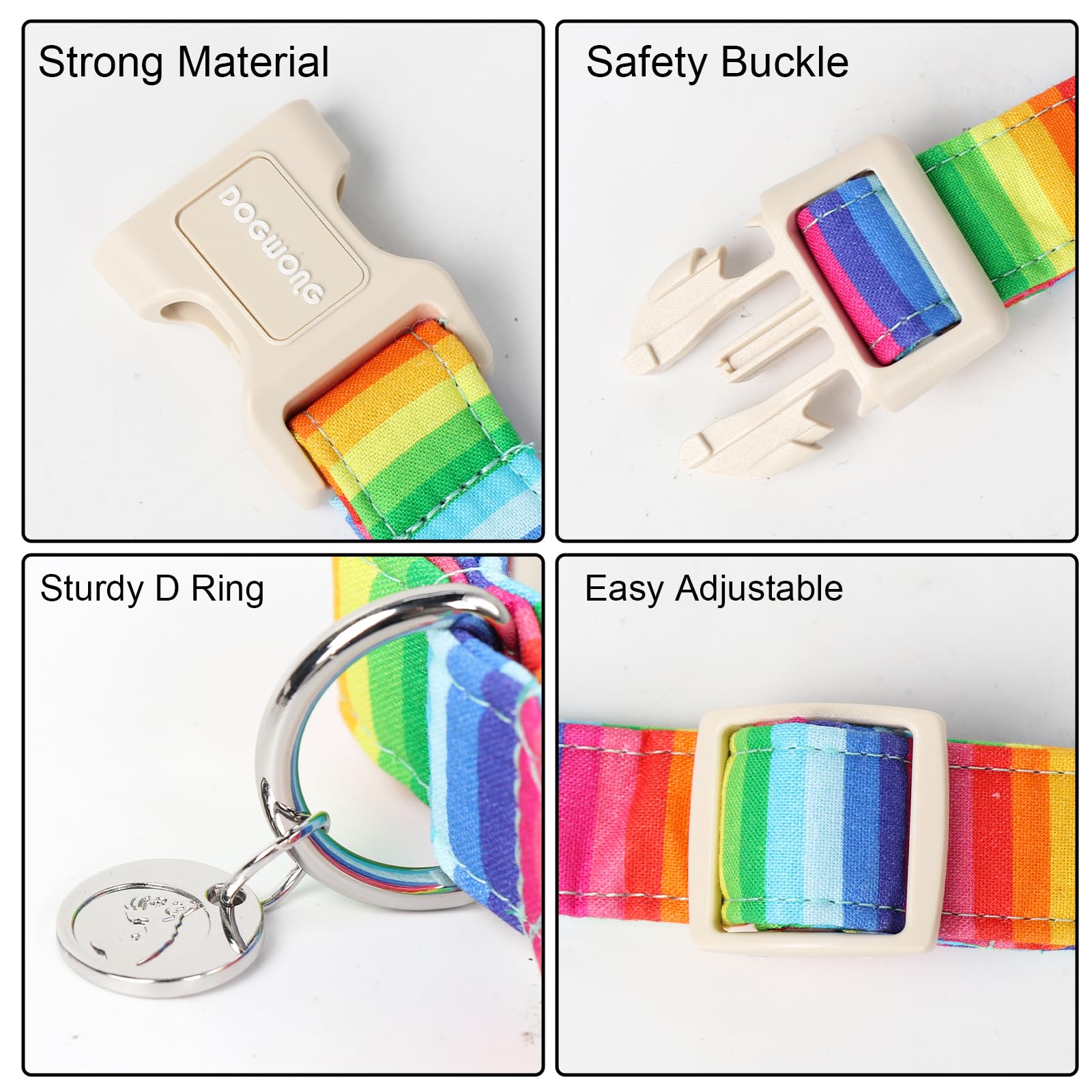 DOGWONG Cotton Dog Collar, Rainbow Dog Collar Durable Soft Natural Fabric Pet Dog Collar Cute LGBTQ Puppy Necklace for Small Medium Large Dogs