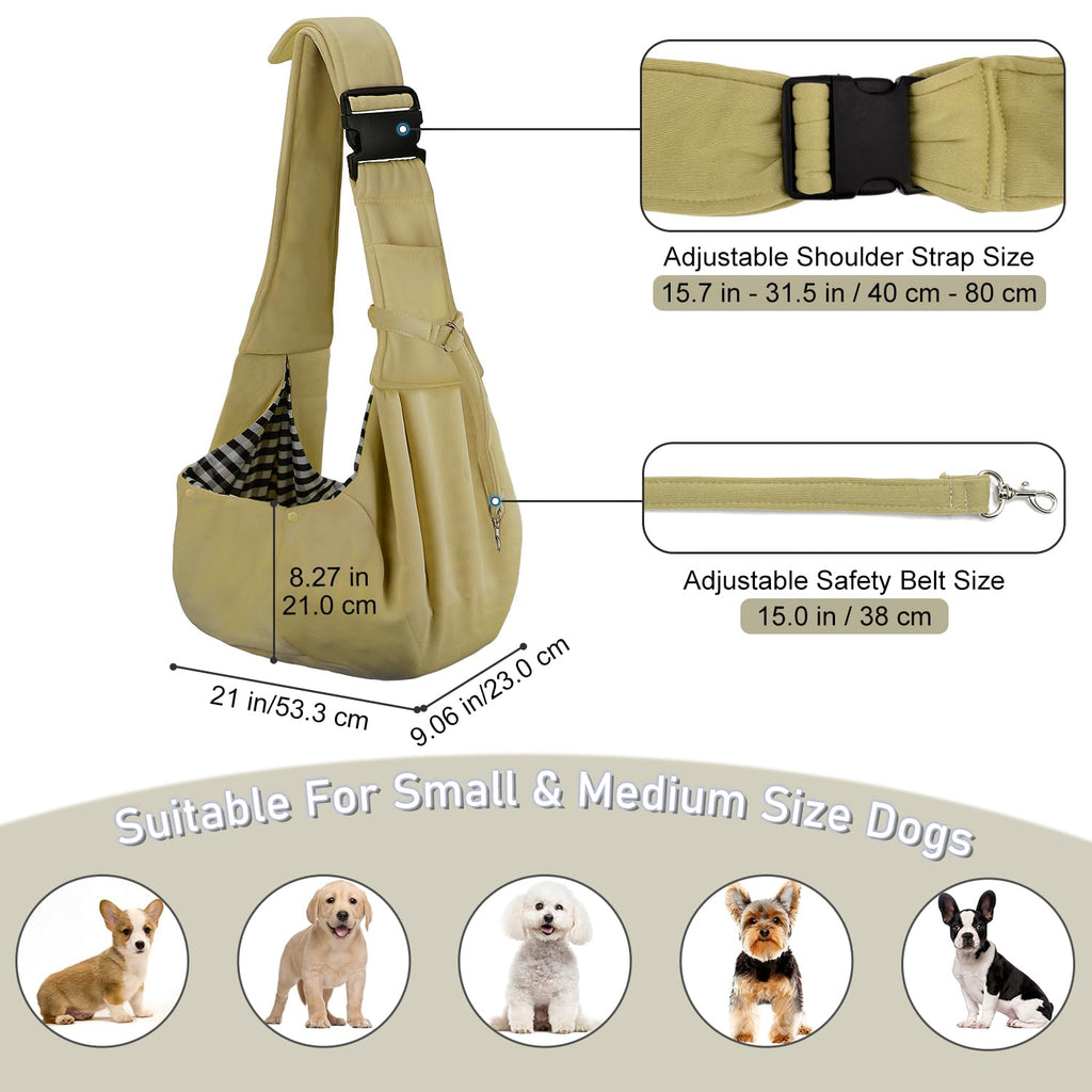 PETLOFT Reversible Dog Cat Sling Carrier, Small Dog Carrier, Adjustable Dog Sling, Hands Free Cross Body Carrier with Collar Hook for Dog/Cat/Bunny up to 11lb(Khaki)