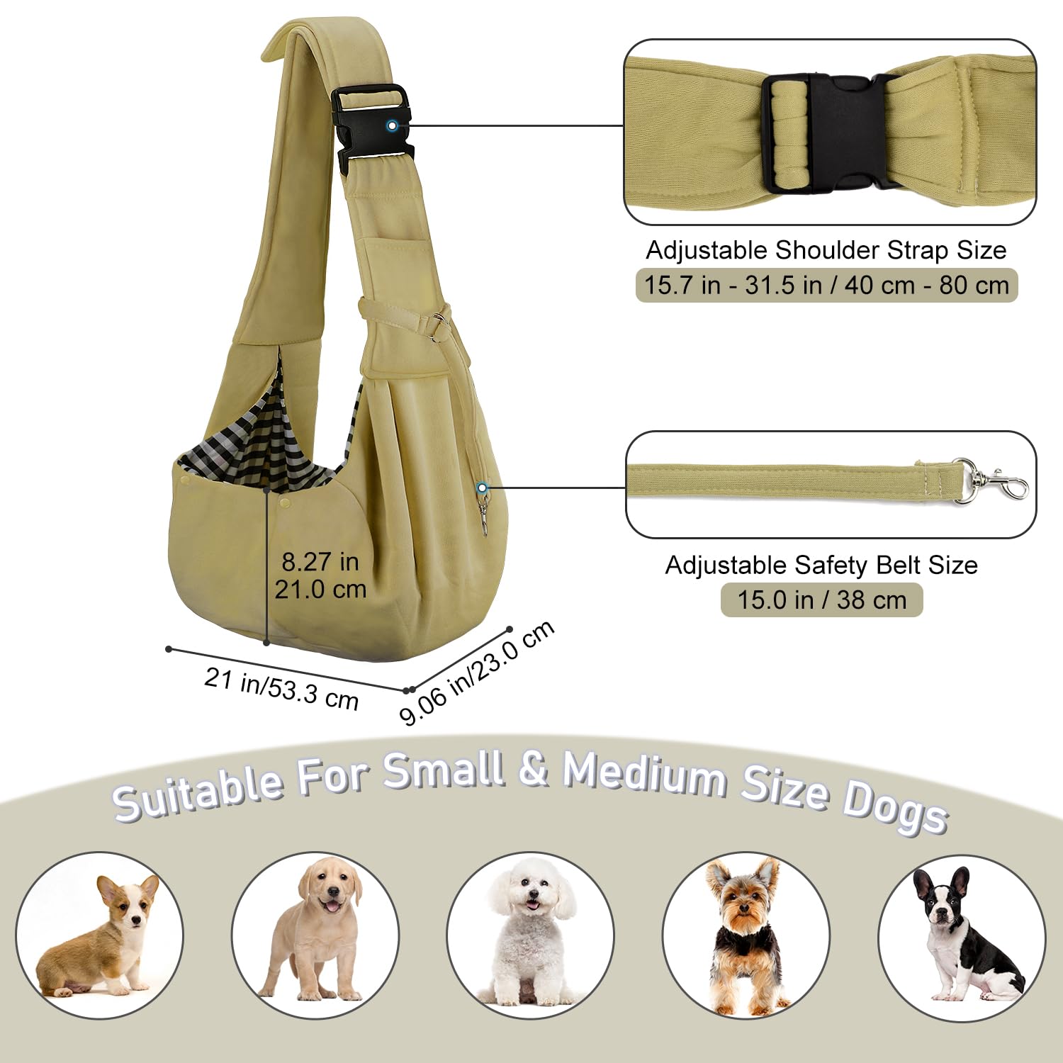PETLOFT Reversible Dog Cat Sling Carrier, Small Dog Carrier, Adjustable Dog Sling, Hands Free Cross Body Carrier with Collar Hook for Dog/Cat/Bunny up to 11lb(Khaki)