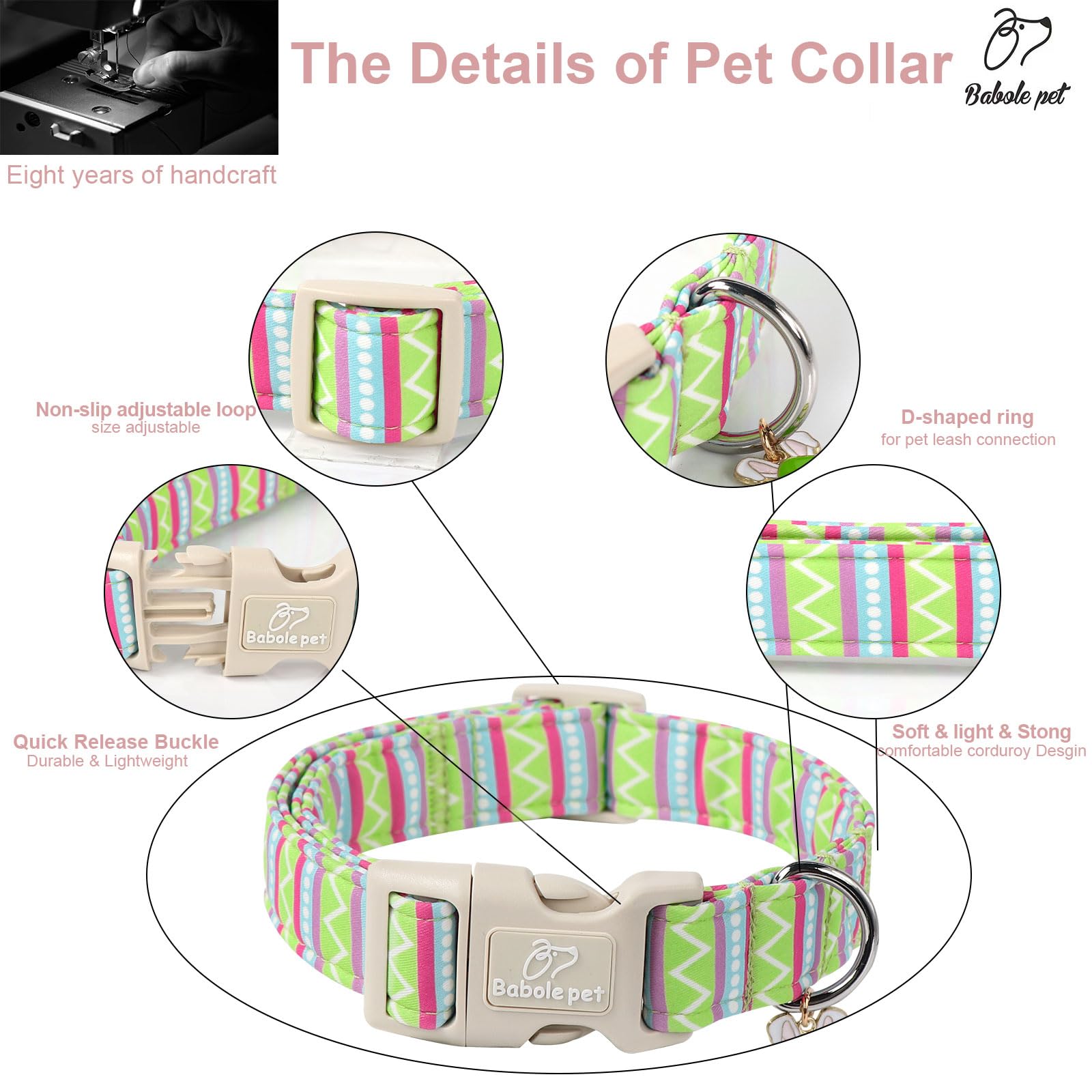 Babole Pet Easter Dog Collar for Large Dogs - Brightly Colored Stripe Easter Collars for Boy Girl Dogs, Adjustable Spring Holiday Pet Collars with Quick Release Buckle L