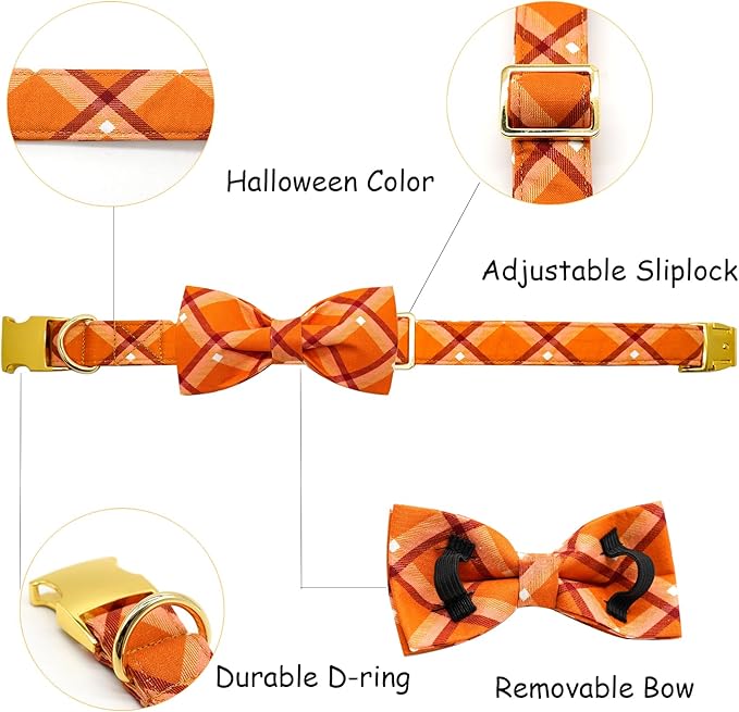 Bobo Rainbow Fall Dog Collar, Pet Collar Bow Orange Plaid Collars Girl Boy Holiday Pet Collars Gift Bow Dog Collar Cute Soft Puppy Collars for Large Dogs