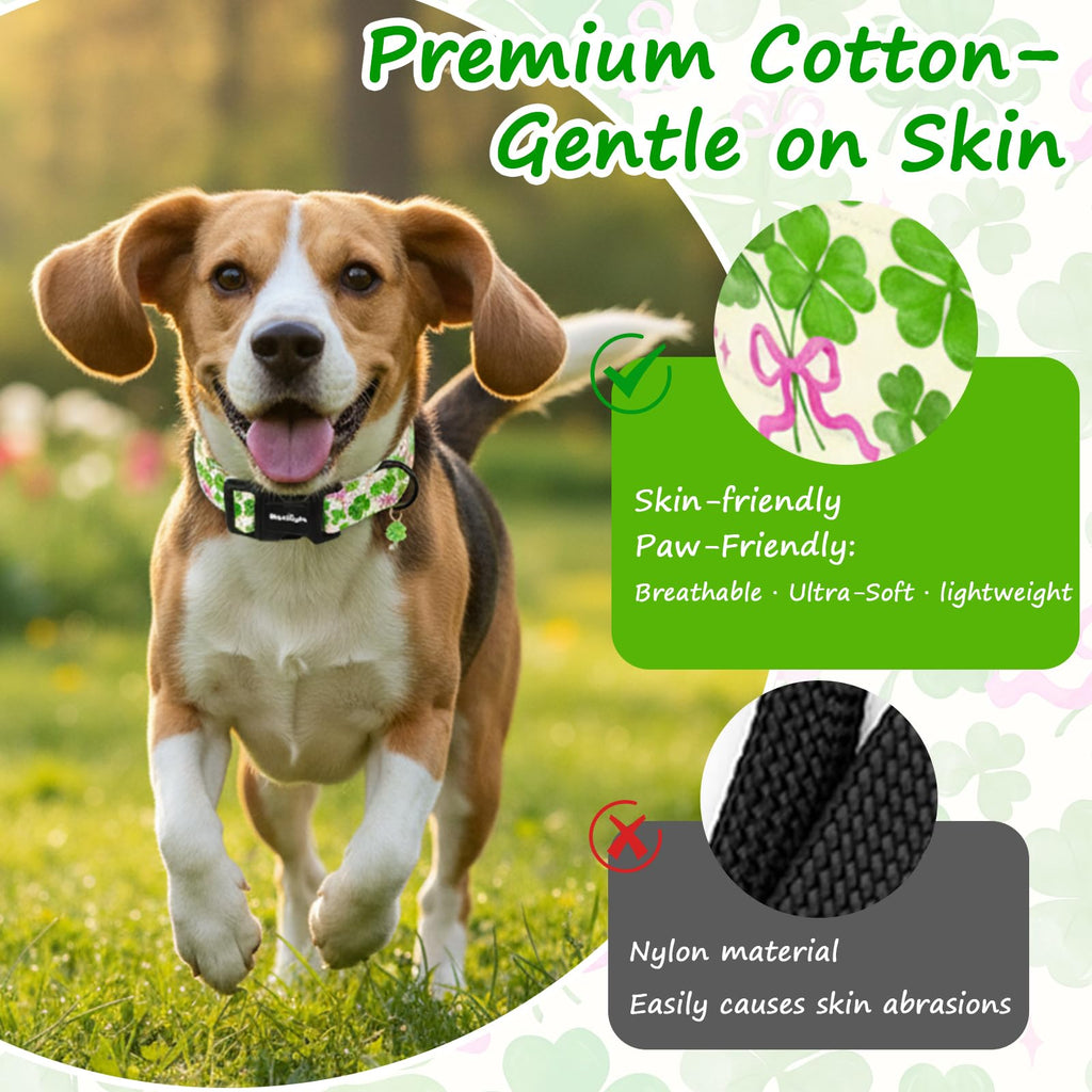 Astdogio St. Patrick's Day Dog Collar, Cute Dog Collars with Green Clover, Adjustable Cotton Pet Collars for Small Medium Large Dogs, Ideal for Puppy Girl Boy Female Male Dogs Gifts-XS