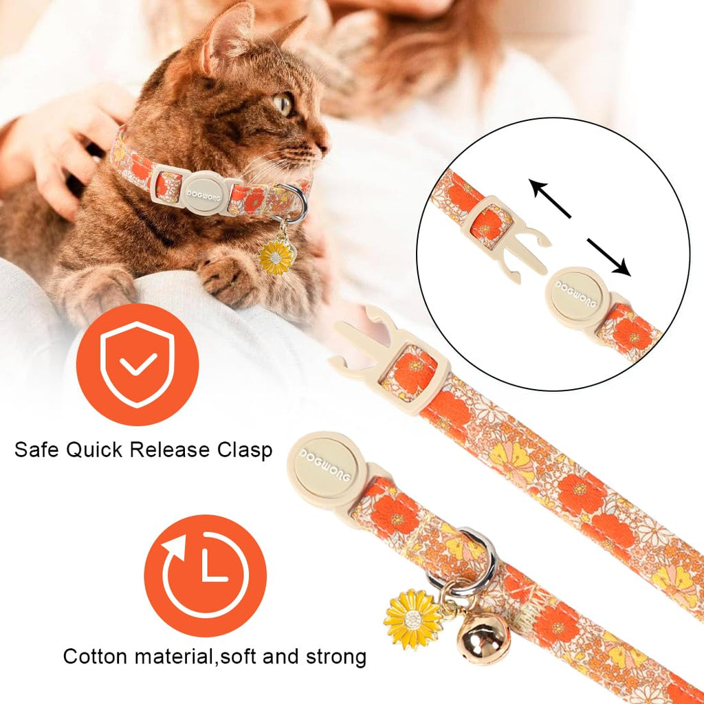2 Pack Flower Cat Collars Breakaway with Bell, DOGWONG Safety Buckle Rose Floral Cute Cat Collar for Girl Boy Cats，Adjustable 7-12 Inch