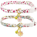 2 Pack Cotton Breakaway Cat Collars Set with Bell and Flower Pendant, Cute Floral Fruit Patterned, Adjustable 7.5-11Inch, Include A Mouse Toy Gift (Vintage+ Small Pink Flower)