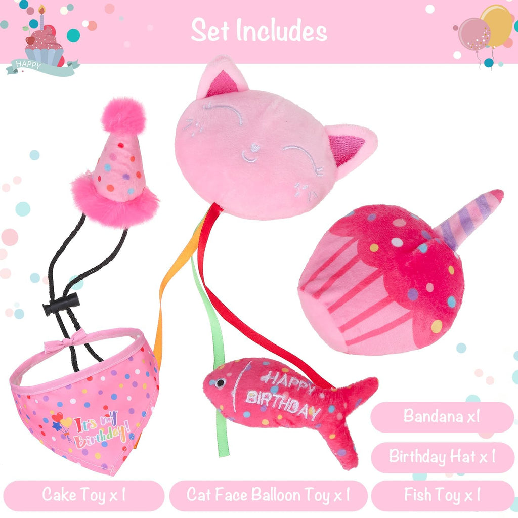 BINGPET Cat Birthday Catnip Toys for Indoor Cats, 5 Pcs Cat Birthday Gift Kitten Interactive Toys for Boy Girl Cats, Soft Plush Catmint Kitty Chew Kick Toy, Hat, Bandana, Balloon, Cake, Fish, Pink