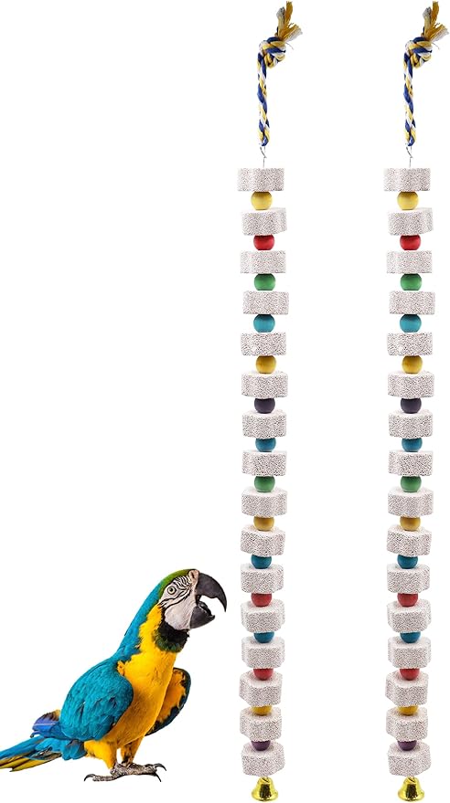 2 Pack Bird Chewing Toy, Colorful Parrot Beak Grinding Calcium Stone with Bells, Cage Accessories for Cockatiels Parakeets Parrots Budgies Lovebirds Rat Hamster Chinchilla Rabbit Bunny African Grey