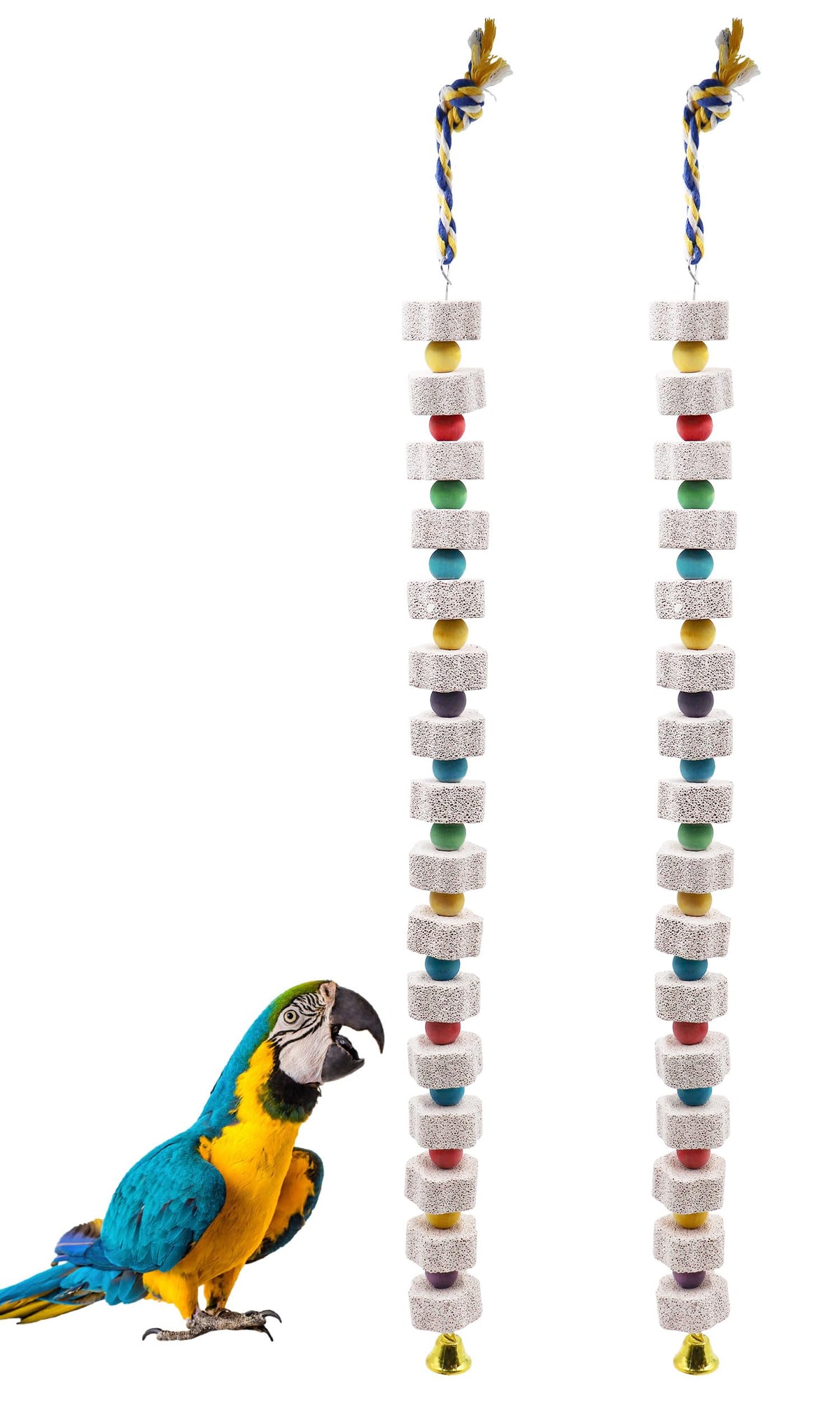 2 Pack Bird Chewing Toy, Colorful Parrot Beak Grinding Calcium Stone with Bells, Cage Accessories for Cockatiels Parakeets Parrots Budgies Lovebirds Rat Hamster Chinchilla Rabbit Bunny African Grey