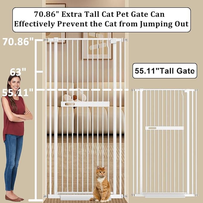 WAOWAO 71" Extra Tall Cat Pet Gate 29.92-61.42" Wide Pressure Mounted Walk Through Swing Auto Close Safety White Metal Dog Pet Puppy Cat for Indoor Stairs,Doorways