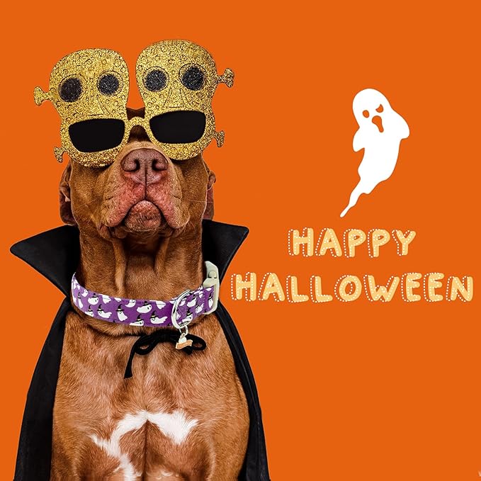 Faygarsle Halloween Dog Collar with Charm, Purple with Ghost Pattern, Adjustable Pet Collar for Small Medium Large Dogs, M