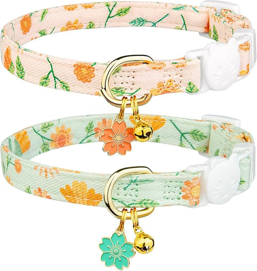 2 Pack Cotton Cat Collar Beige and Green Flowers Cute Kitten Cat Collar
