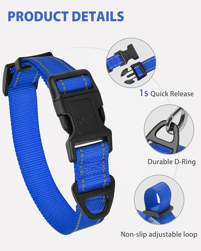 Joytale Large Dog Collar, Reflective and Adjustable Nylon Pet Collar with Quick-Release Buckle for Large Dogs, Navy Blue, L
