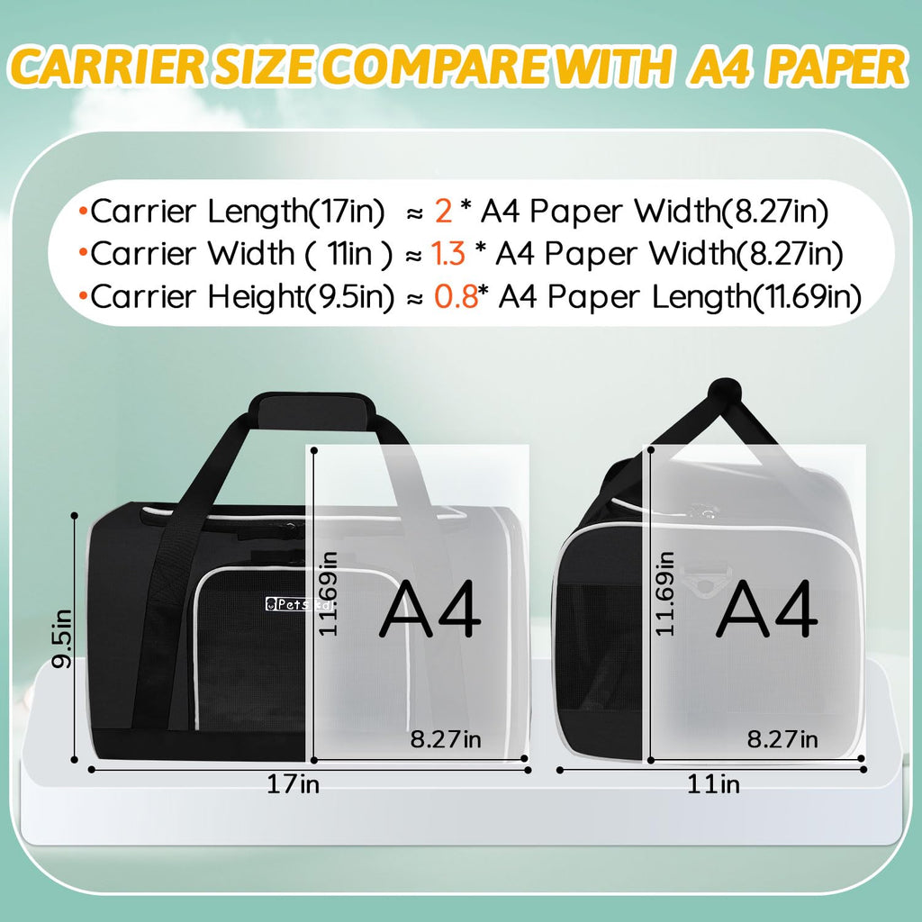 Petskd Small Pet Carrier 17" L x 11" W x 9.5" H Airline Approved, Black
