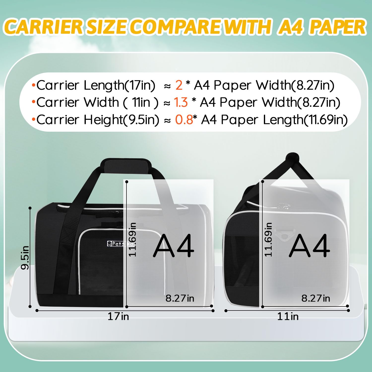 Petskd Small Pet Carrier 17" L x 11" W x 9.5" H Airline Approved, Black