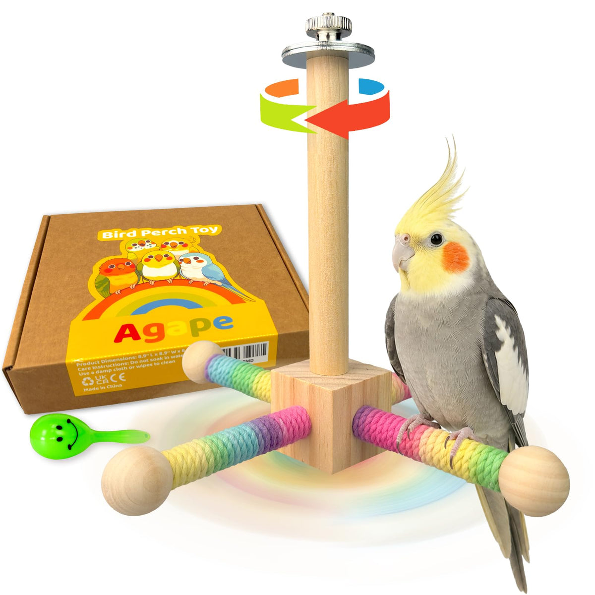 Agape 360° Rotating Bird Perch Stand, Wooden Parrot Exercise Toy