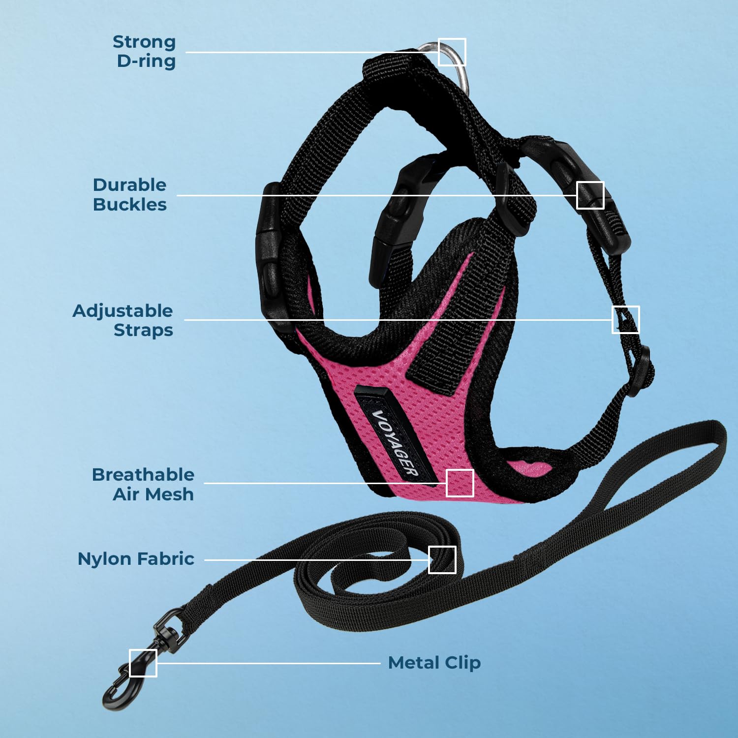 Voyager Escape-Proof Step-in Lock Cat Harness & 5ft Neoprene-Handle Leash Set All-Weather Mesh with Reflective Stitching for Small to Large Cats by Best Pet Supplies, Fuchsia/Black Trim, S